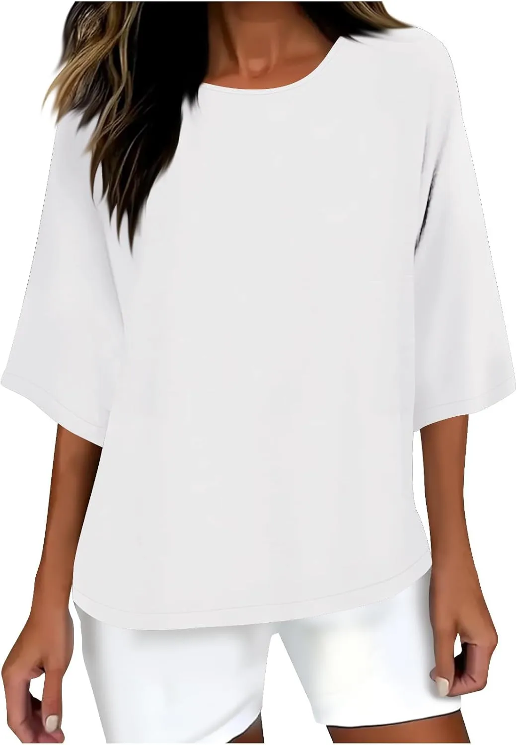 HGps8w Minimalist Linen Shirts for Women 2025 Summer Tops Solid Color Casual 3/4 Sleeve Tees Loose Crew Neck Tunic Blouse