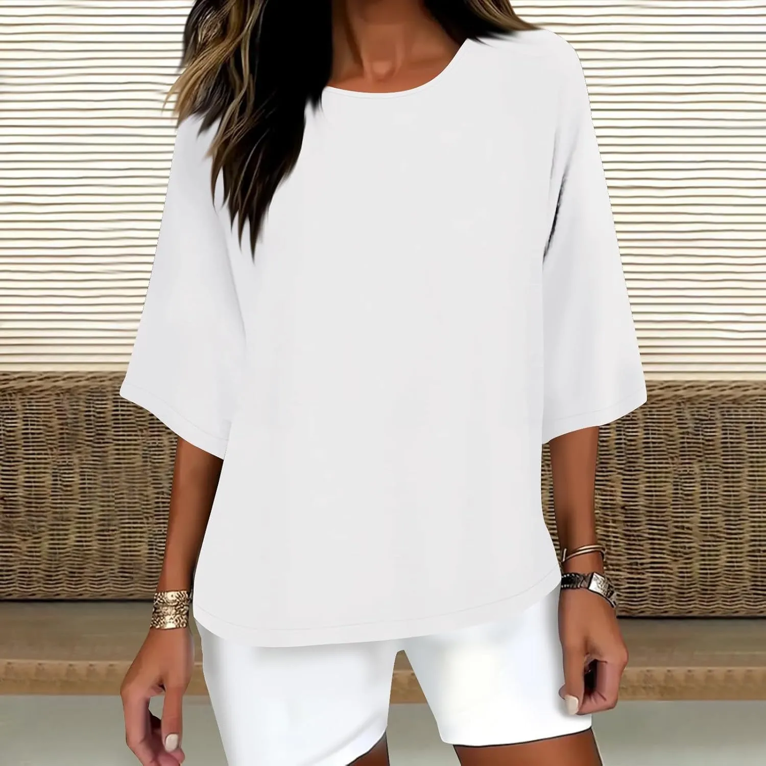 HGps8w Minimalist Linen Shirts for Women 2025 Summer Tops Solid Color Casual 3/4 Sleeve Tees Loose Crew Neck Tunic Blouse