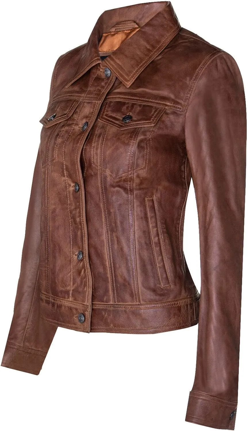 Ladies Leather Trucker Classic Western Casual Denim Jeans Jacket
