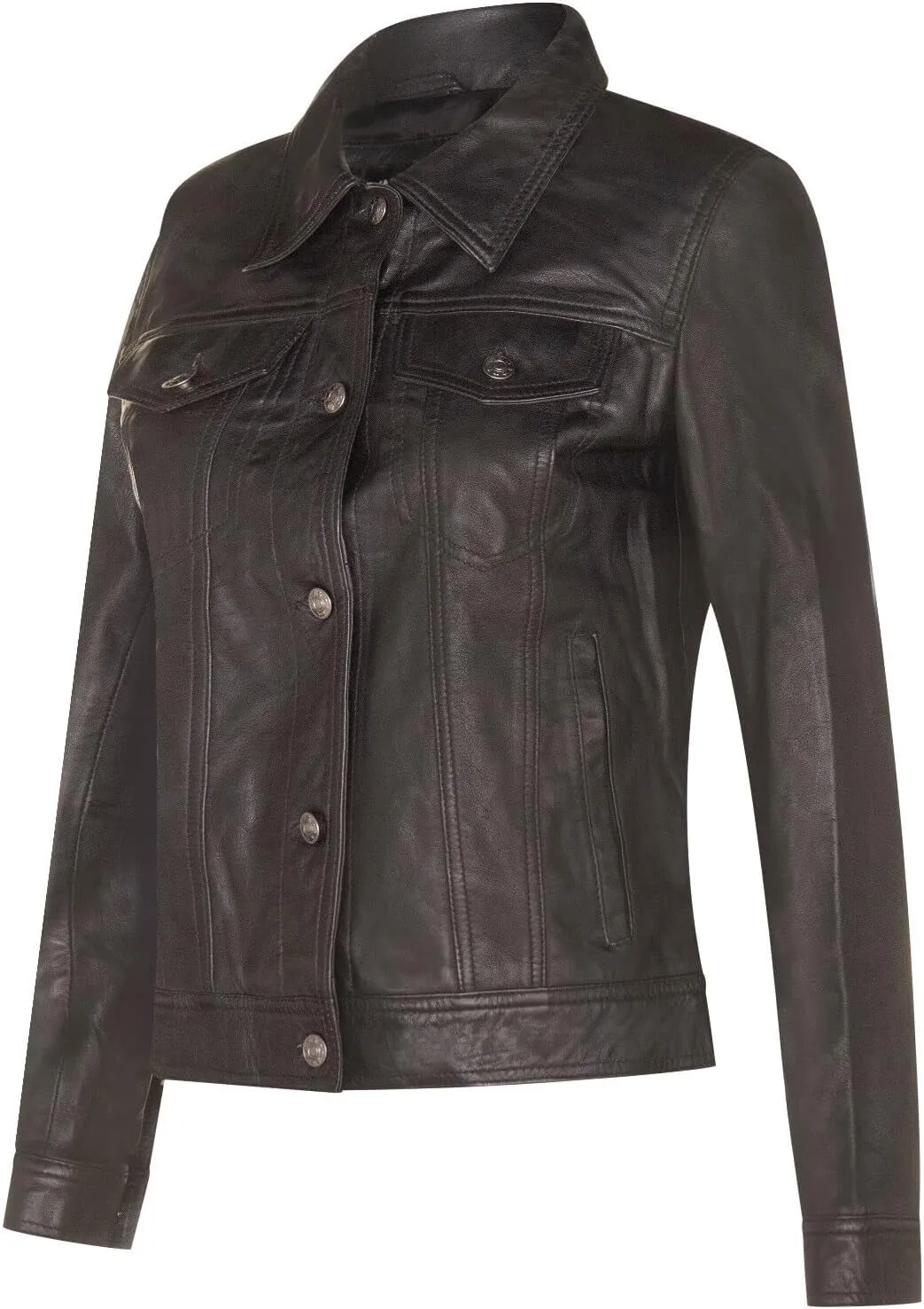 Ladies Leather Trucker Classic Western Casual Denim Jeans Jacket
