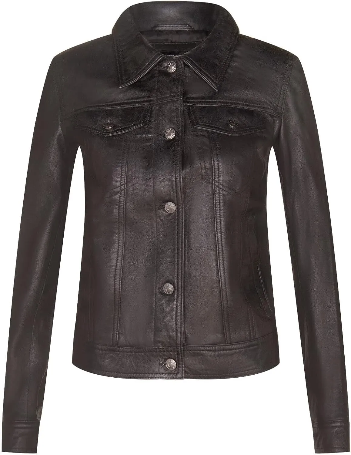 Ladies Leather Trucker Classic Western Casual Denim Jeans Jacket