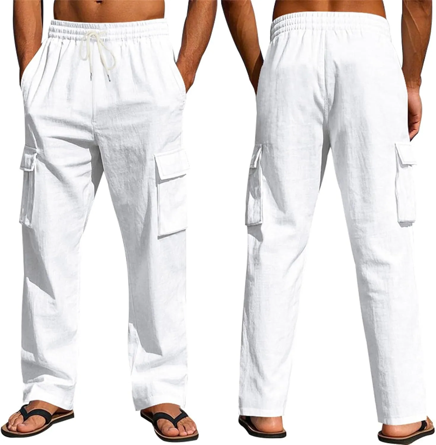 Linen Cargo Pants for Men Summer Casual Elastic Waist Pants with Pockets Relaxed Fit Beach Yoga Travel Lounge Pants