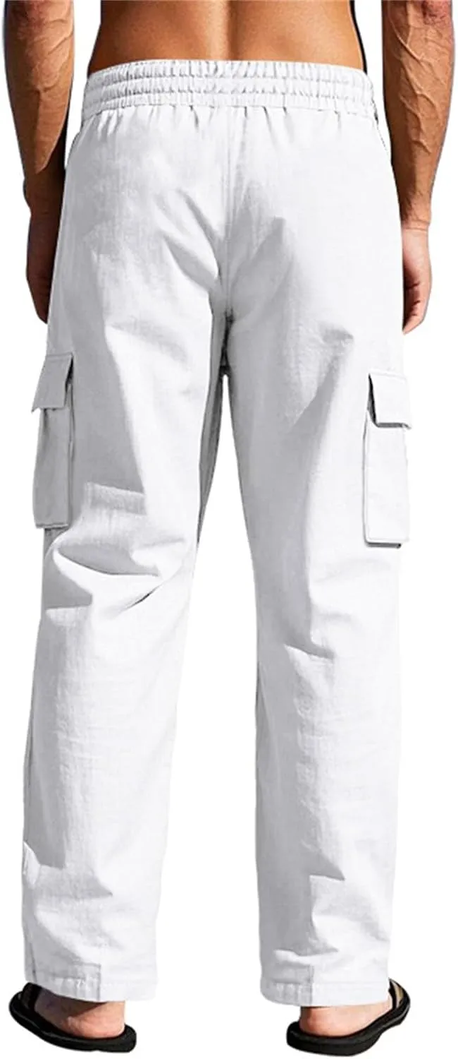 Linen Cargo Pants for Men Summer Casual Elastic Waist Pants with Pockets Relaxed Fit Beach Yoga Travel Lounge Pants