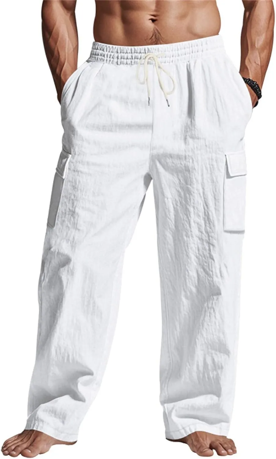 Linen Cargo Pants for Men Summer Casual Elastic Waist Pants with Pockets Relaxed Fit Beach Yoga Travel Lounge Pants