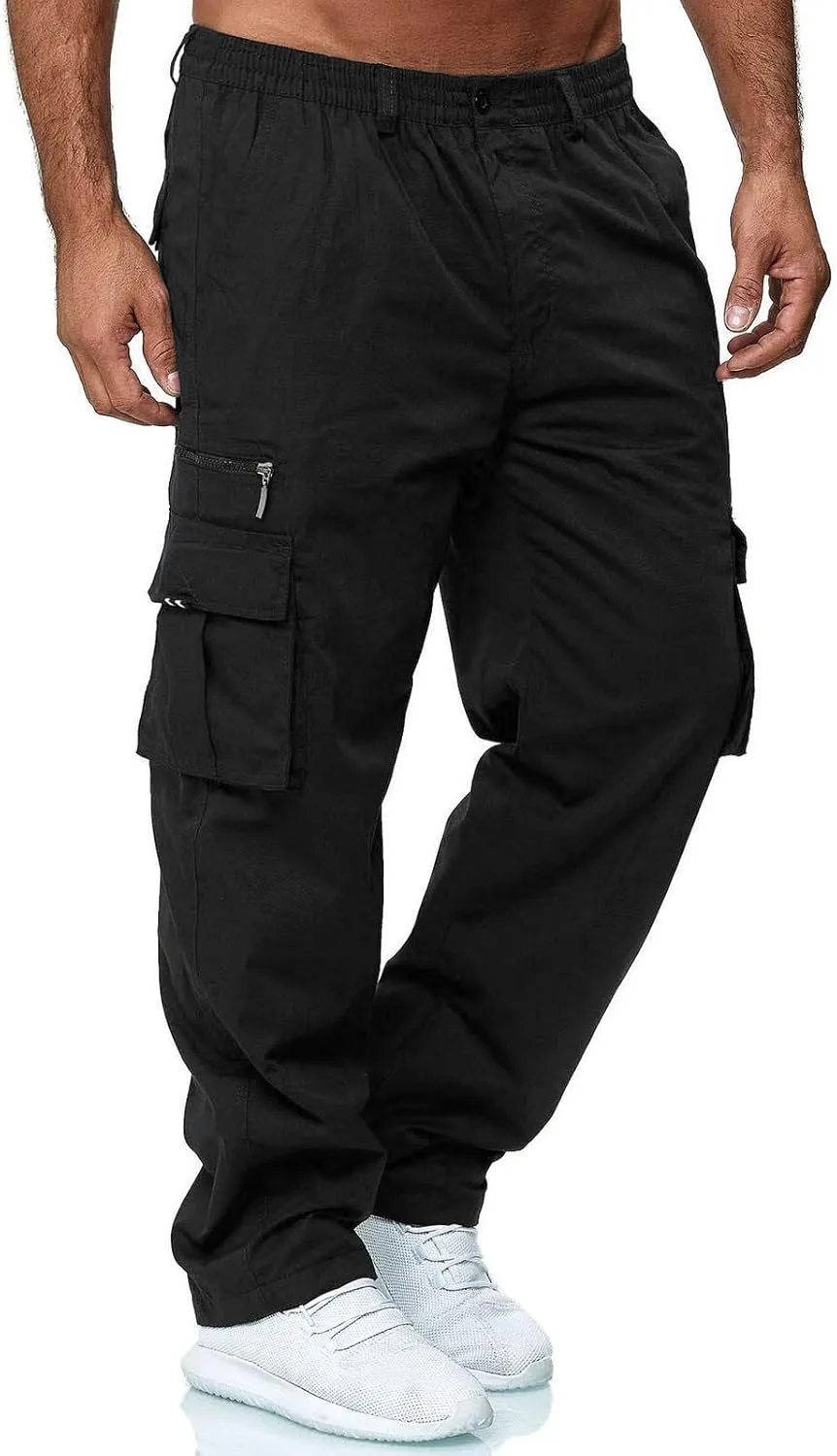 Men's Cotton Blend Cargo Pants Hiking Joggers with Multi Pockets Relaxed Fit Outdoor Trousers Sweatpants for Men