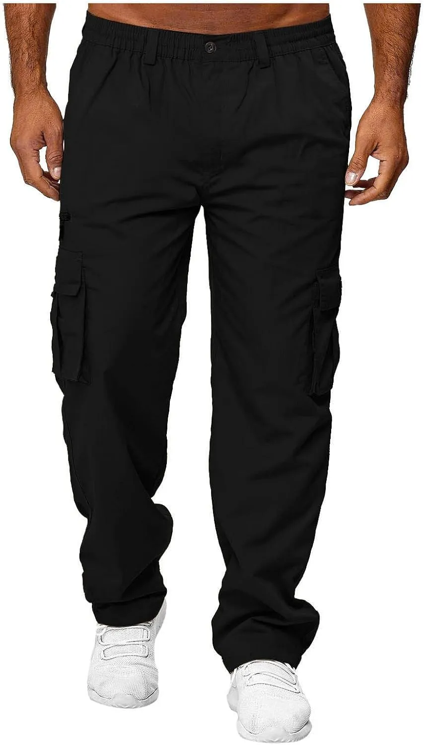 Men's Cotton Blend Cargo Pants Hiking Joggers with Multi Pockets Relaxed Fit Outdoor Trousers Sweatpants for Men