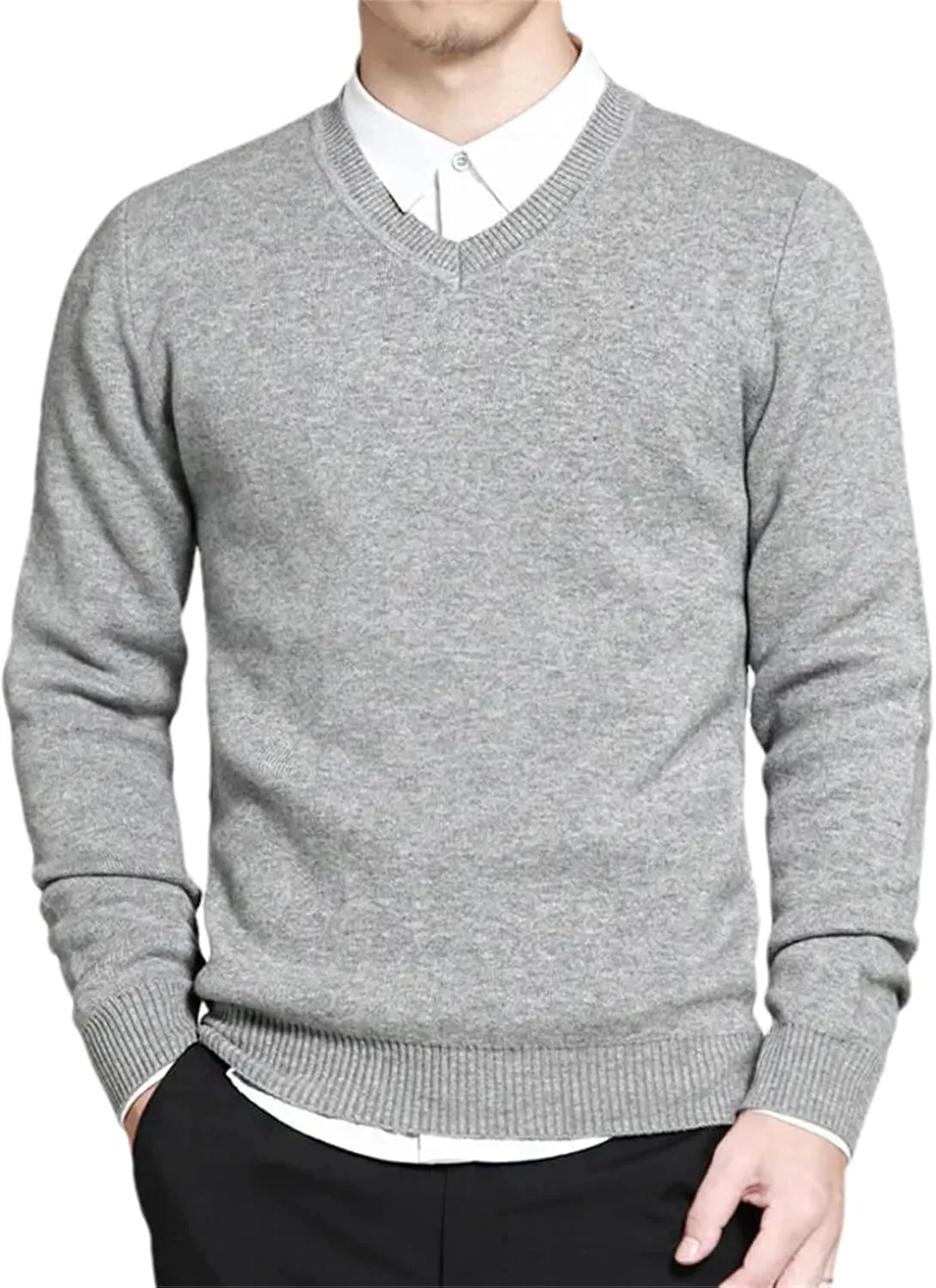 Men's Cotton Knitted Sweater Long Sleeve V-Neck Thin Slim Fit Business Casual Pullover Sweater