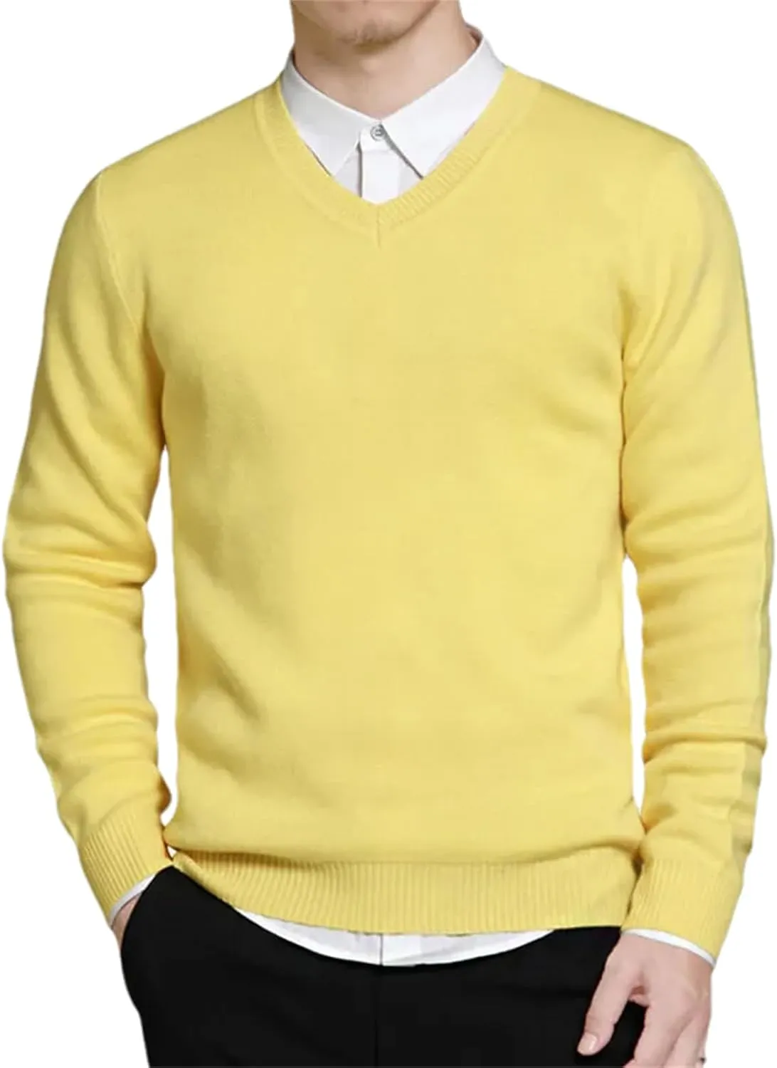 Men's Cotton Knitted Sweater Long Sleeve V-Neck Thin Slim Fit Business Casual Pullover Sweater