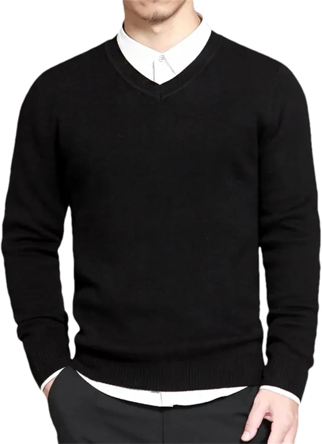 Men's Cotton Knitted Sweater Long Sleeve V-Neck Thin Slim Fit Business Casual Pullover Sweater