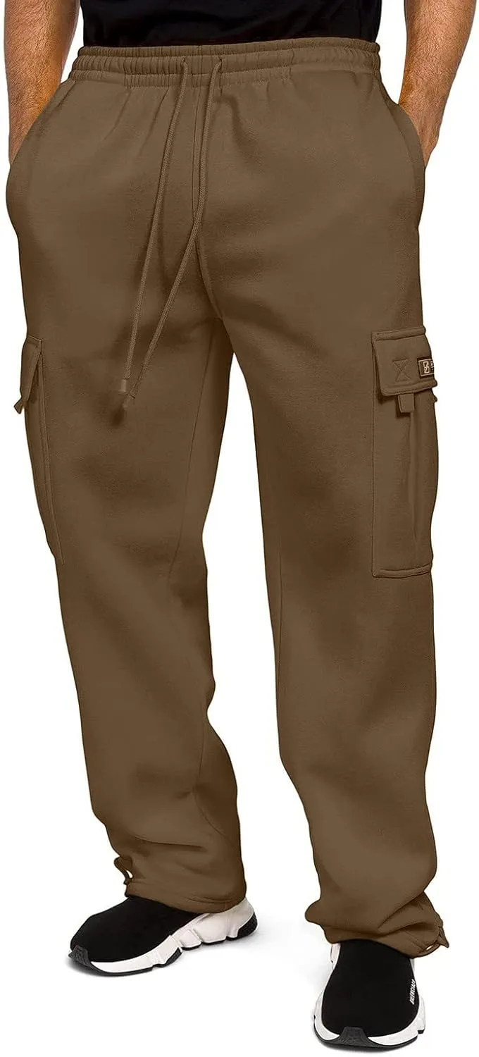 Mens Heavyweight Fleece Cargo Relaxed Fit Stretch Sweatpants Joggers with Pockets Fashion Sport Baggy Pants Trousers