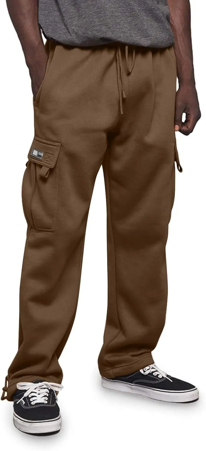 Mens Heavyweight Fleece Cargo Relaxed Fit Stretch Sweatpants Joggers with Pockets Fashion Sport Baggy Pants Trousers