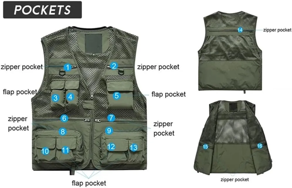 Men's Hiking Breathable Openwork Camo1 Journalist Photographer Waistcoat Camping Jacket Fishing Vest