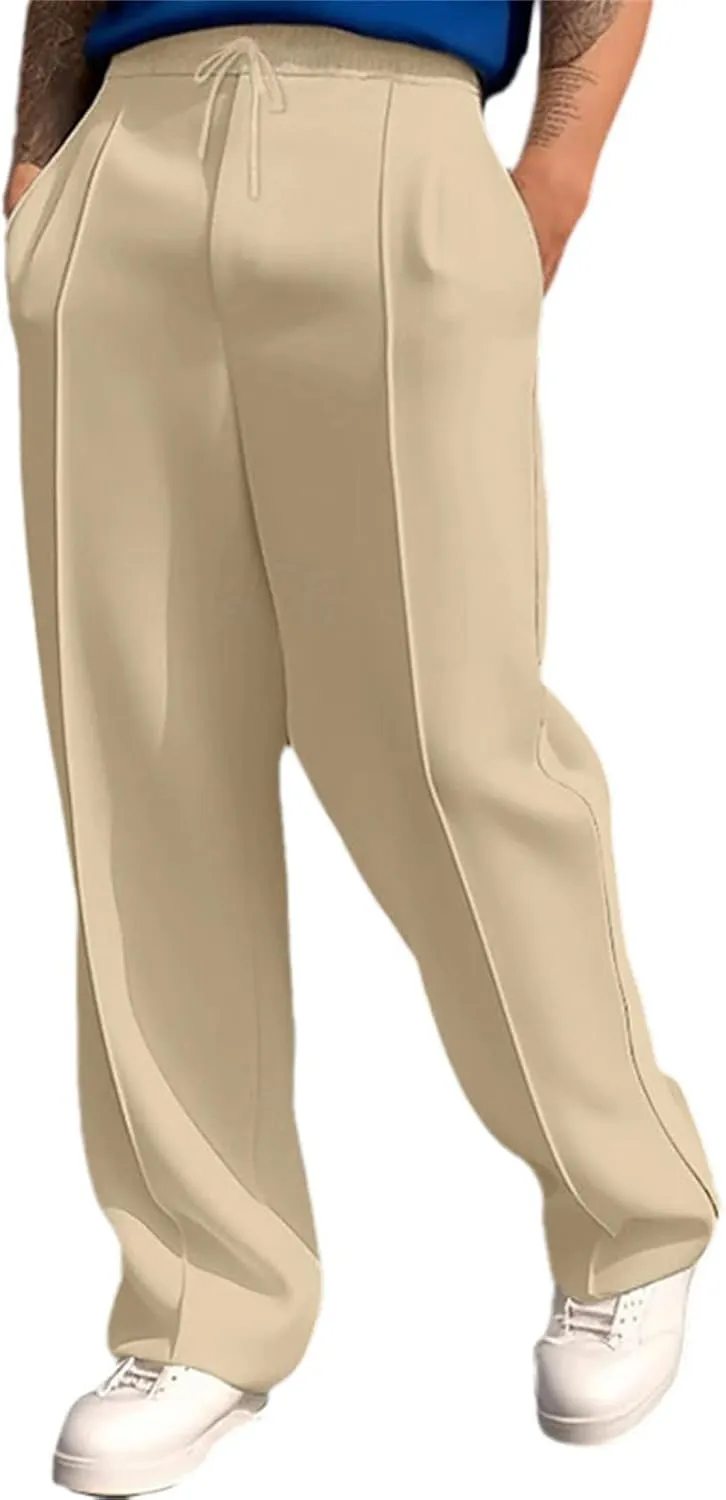 Mens Jogging Pants Mid Waist Relaxed Straight Leg Casual Trousers Vintage Slacks Drawstring Sweatpants Business Pant