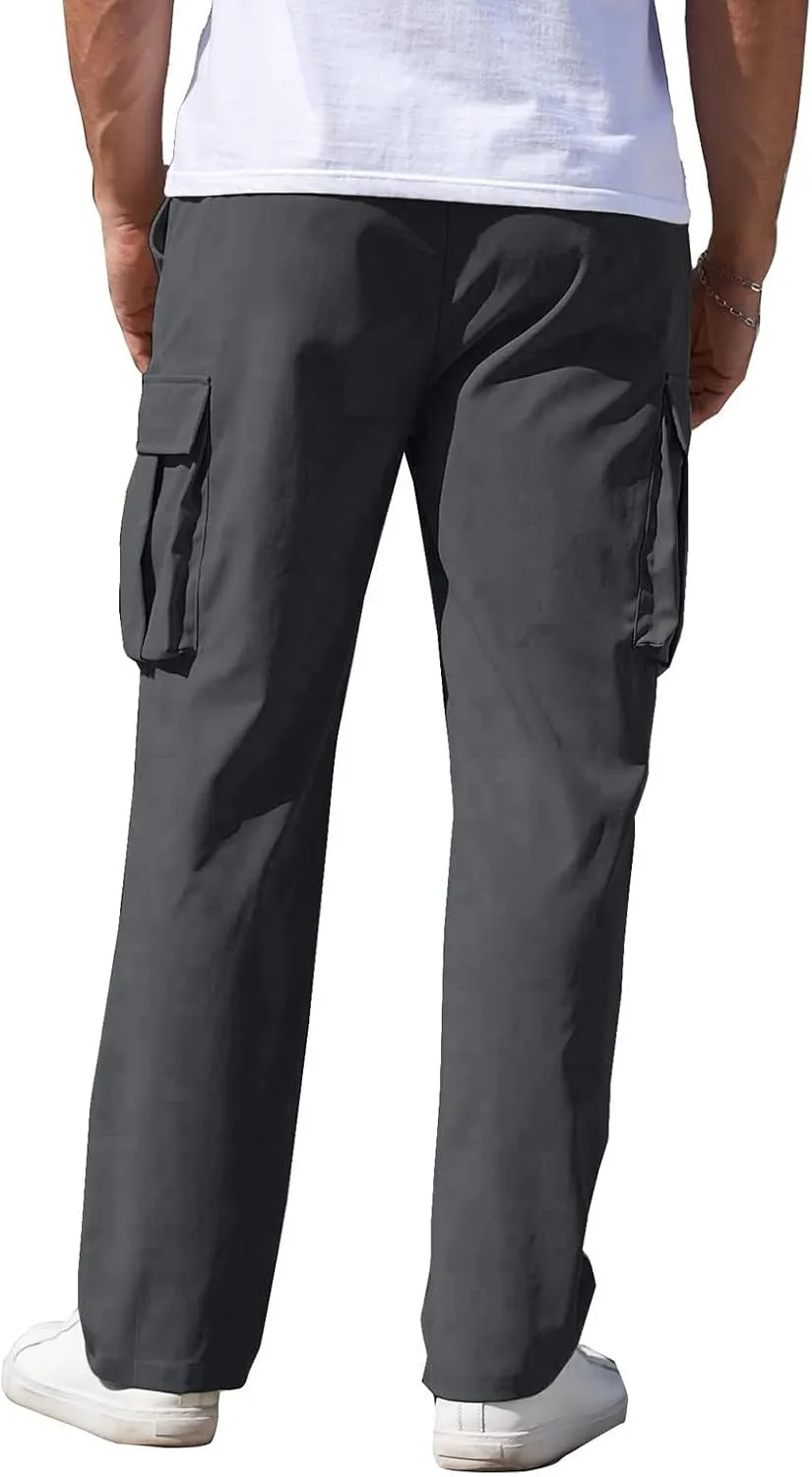 Mens Sweatpants Zipper Fly Cotton Casual Cargo Work Pants Relaxed Fit Baggy Travel Hiking Trouser Multi Pockets