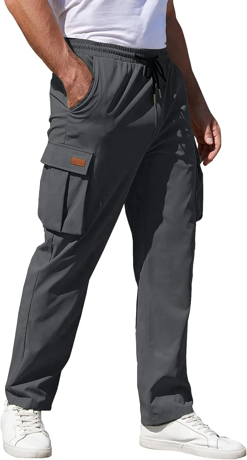 Mens Sweatpants Zipper Fly Cotton Casual Cargo Work Pants Relaxed Fit Baggy Travel Hiking Trouser Multi Pockets