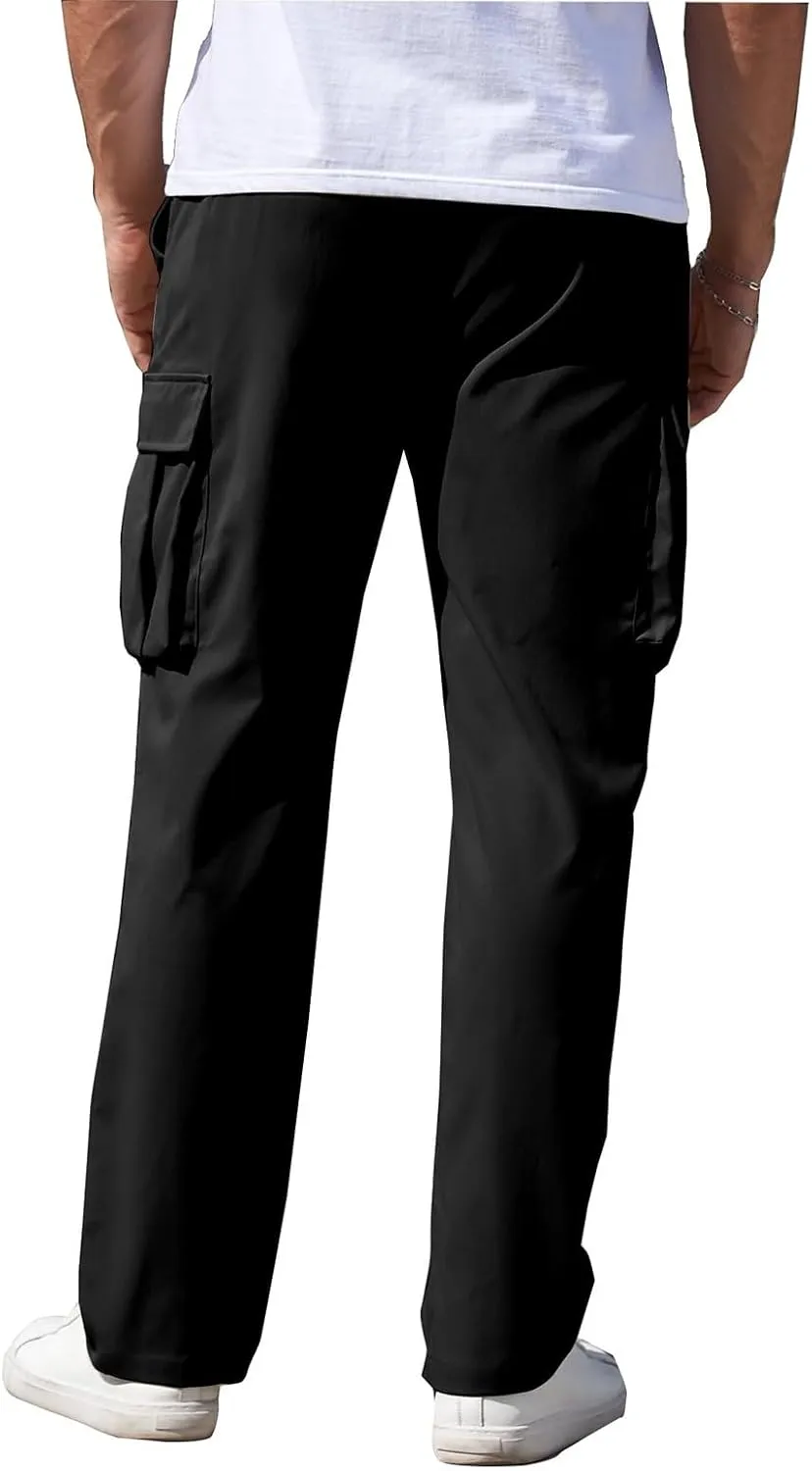 Mens Sweatpants Zipper Fly Cotton Casual Cargo Work Pants Relaxed Fit Baggy Travel Hiking Trouser Multi Pockets