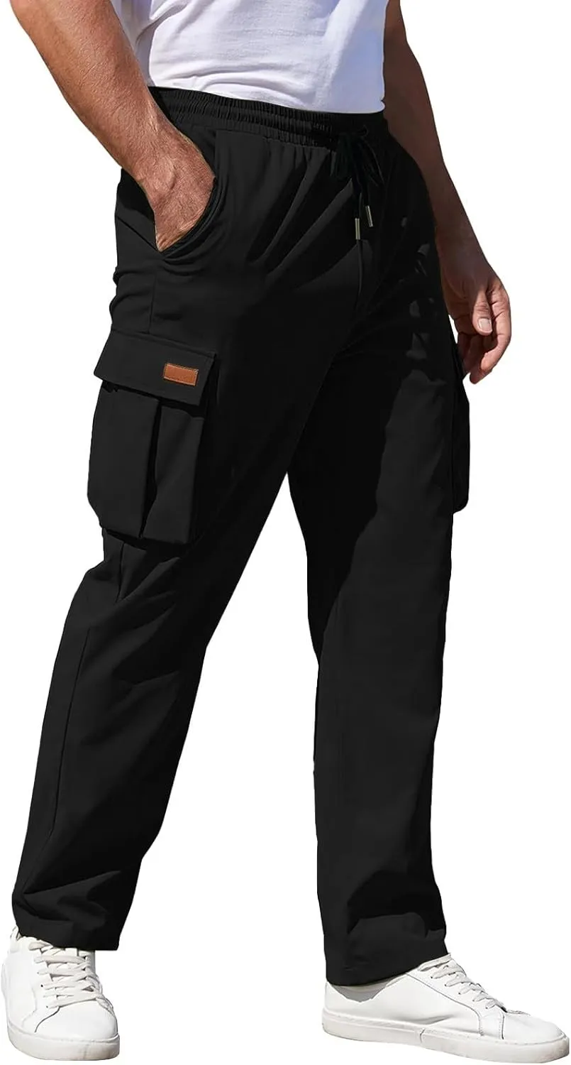 Mens Sweatpants Zipper Fly Cotton Casual Cargo Work Pants Relaxed Fit Baggy Travel Hiking Trouser Multi Pockets