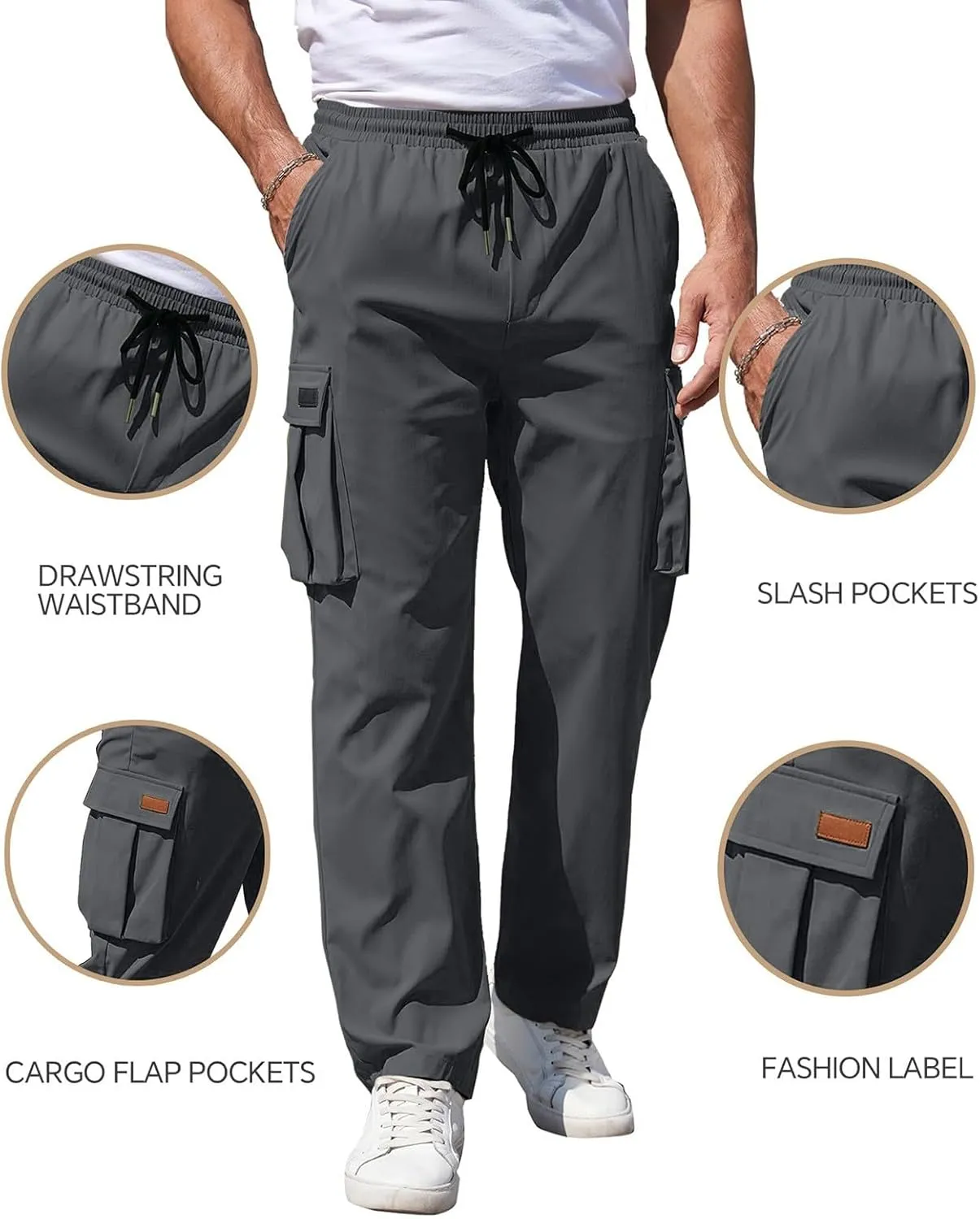 Mens Sweatpants Zipper Fly Cotton Casual Cargo Work Pants Relaxed Fit Baggy Travel Hiking Trouser Multi Pockets