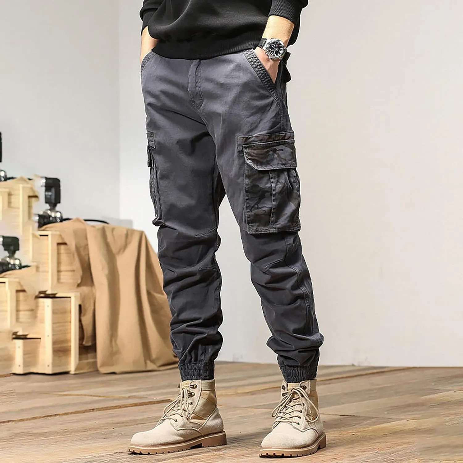 MIDOO Work Pants for Men Slim Fit Casual Fleece Joggers Loose Open Bottom Athletic Pants Straight Leg Outdoor Hiking Pants