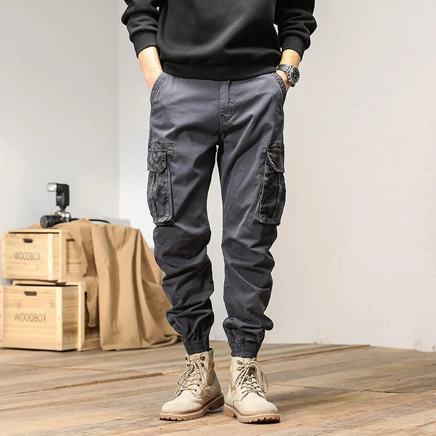 MIDOO Work Pants for Men Slim Fit Casual Fleece Joggers Loose Open Bottom Athletic Pants Straight Leg Outdoor Hiking Pants