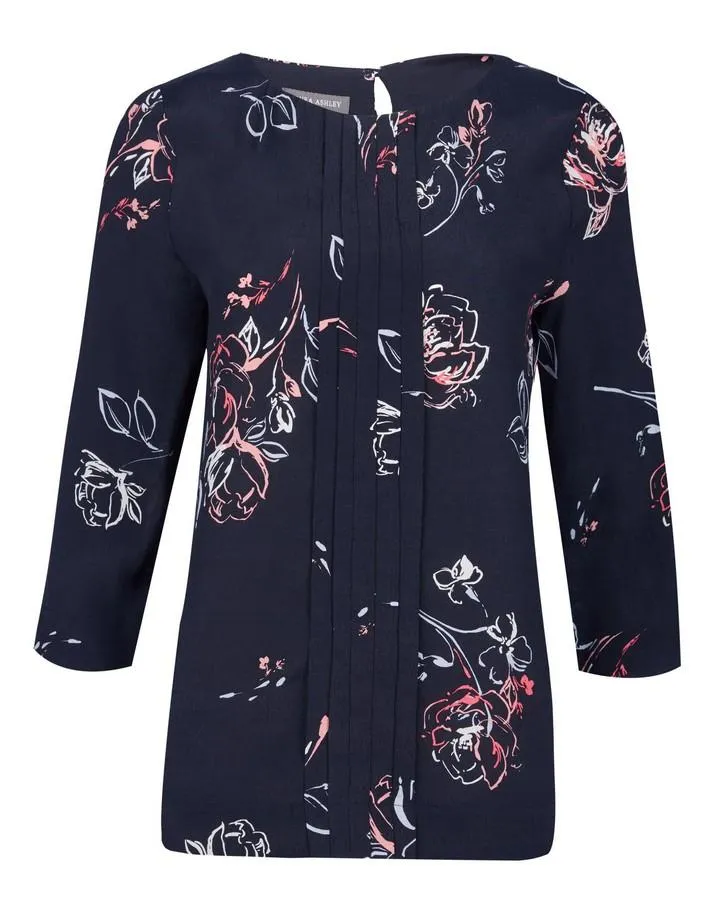 Navy Floral Pintuck Blouse
