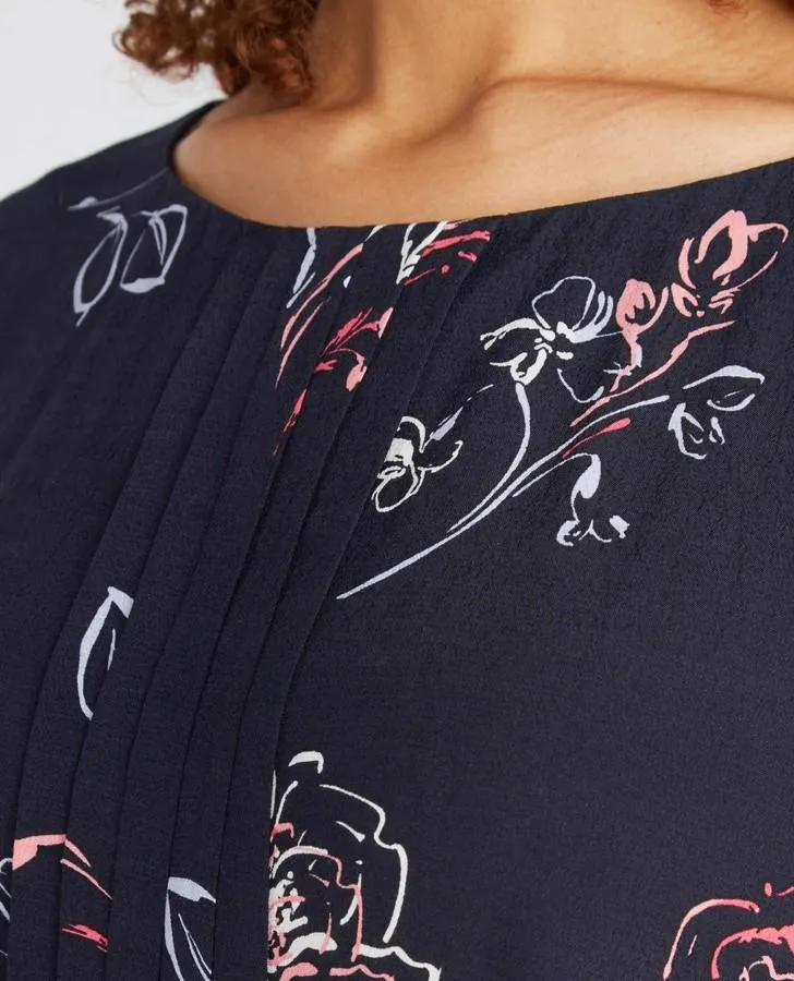 Navy Floral Pintuck Blouse