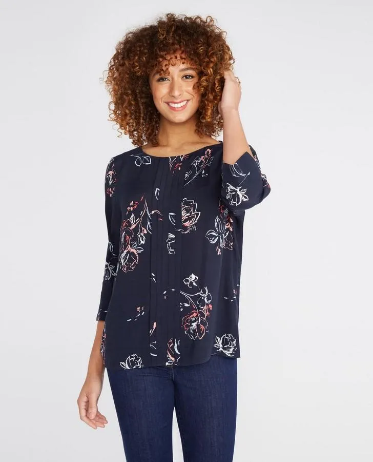 Navy Floral Pintuck Blouse