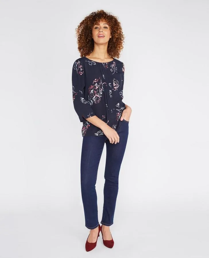 Navy Floral Pintuck Blouse