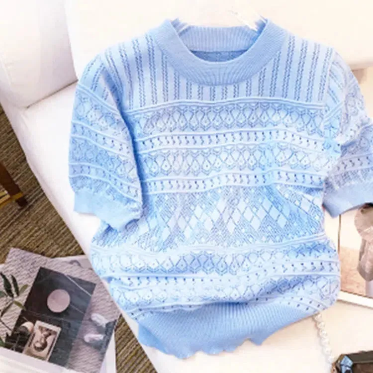 New Summer Thin Hollow Out Crew Neck Pullover Sweater