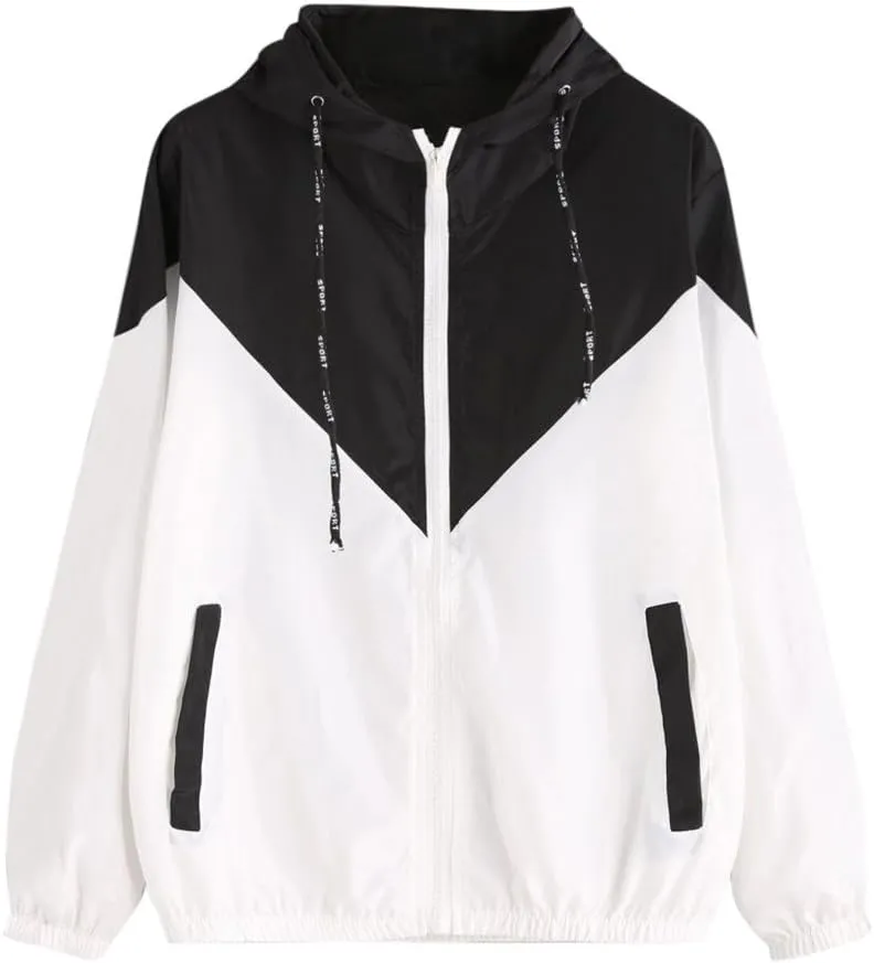 NREALY Jacket Women's Long Sleeve Patchwork Thin Skinsuits Hooded Zipper Pockets Sport Coat（Black， M）