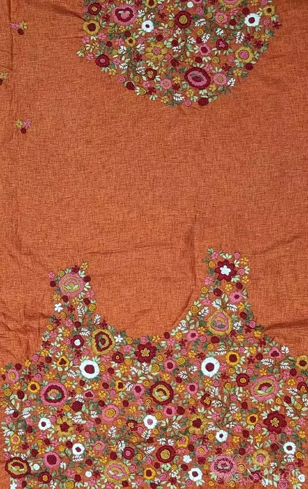 Orange tussar silk material with floral kutch hand embroidery