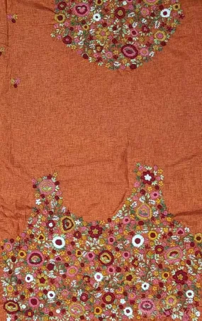 Orange tussar silk material with floral kutch hand embroidery