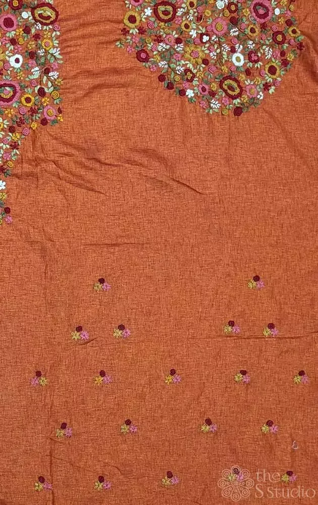 Orange tussar silk material with floral kutch hand embroidery