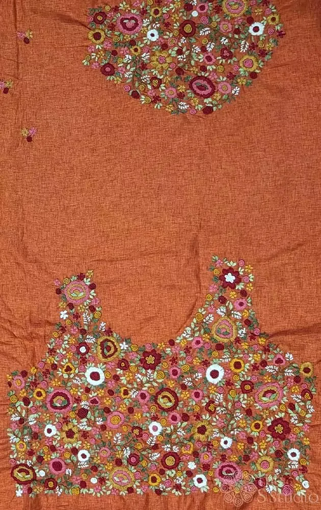 Orange tussar silk material with floral kutch hand embroidery