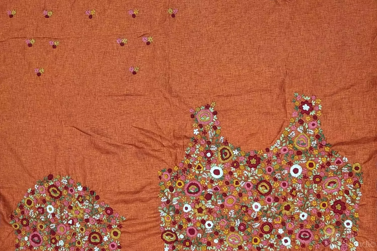 Orange tussar silk material with floral kutch hand embroidery