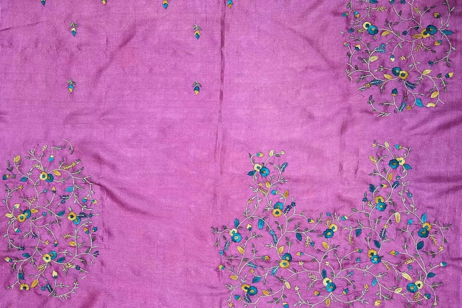 Pink tussar silk material with floral kutch hand embroidery