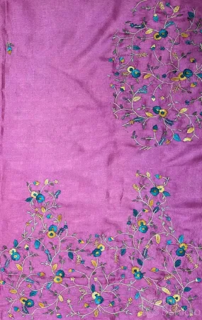 Pink tussar silk material with floral kutch hand embroidery