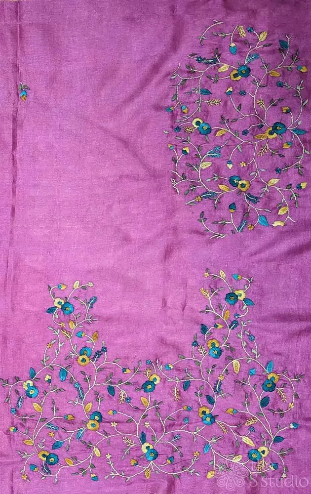 Pink tussar silk material with floral kutch hand embroidery