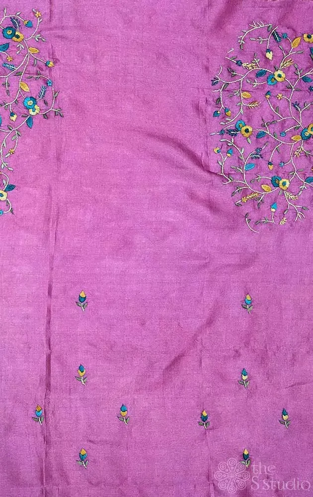 Pink tussar silk material with floral kutch hand embroidery