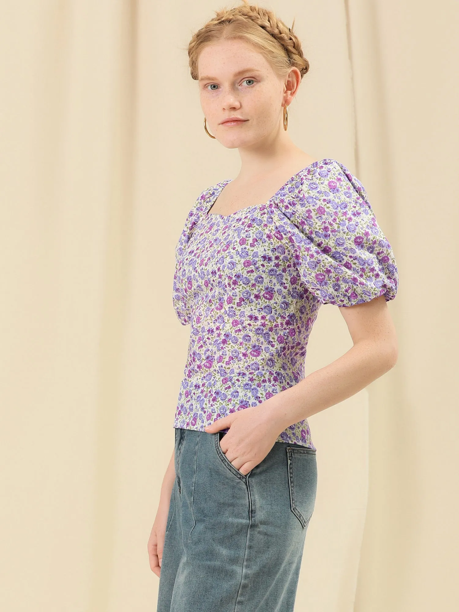 Puff Sleeve Square Neck Peasant Floral Blouse Top