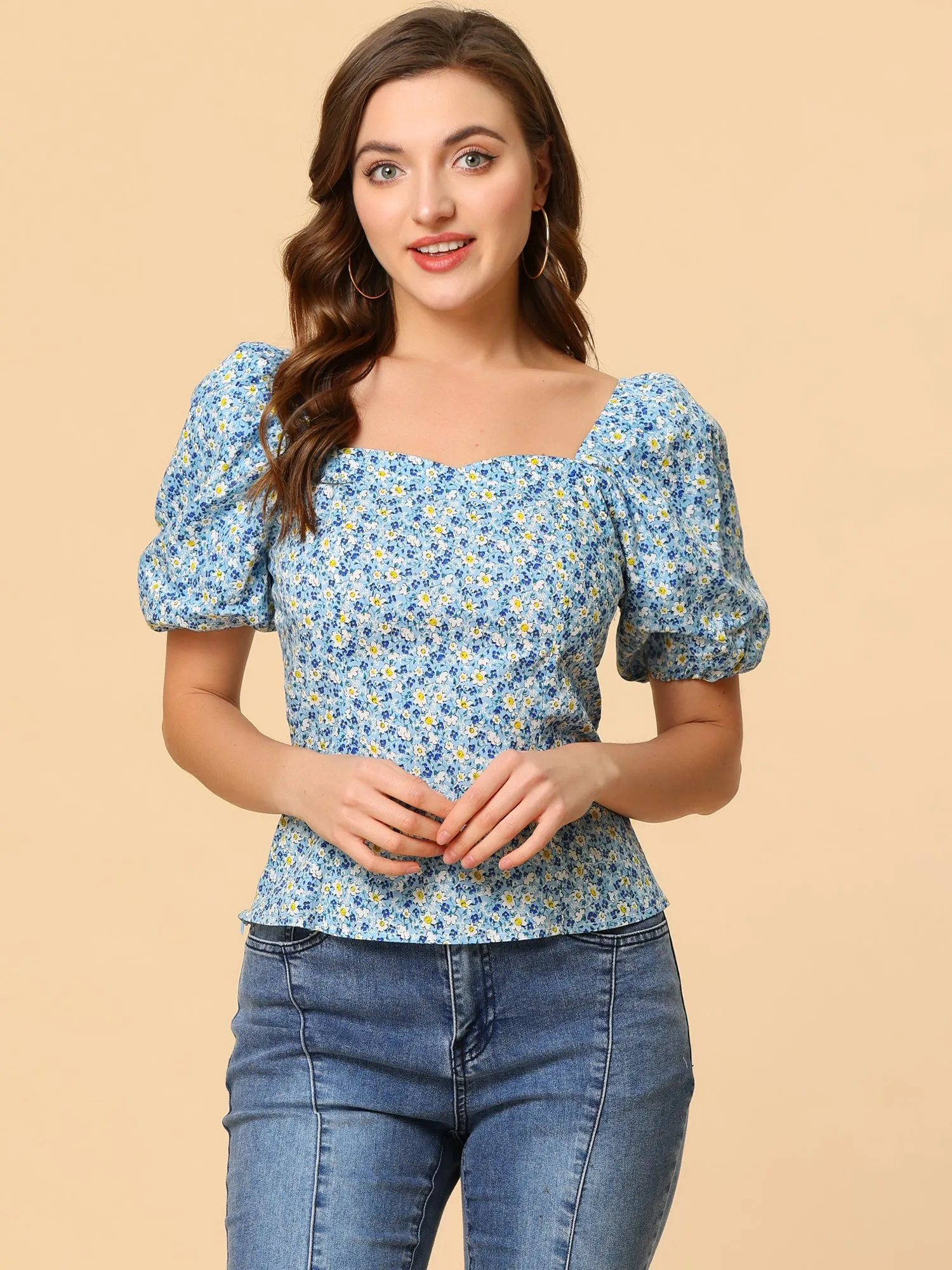Puff Sleeve Square Neck Peasant Floral Blouse Top