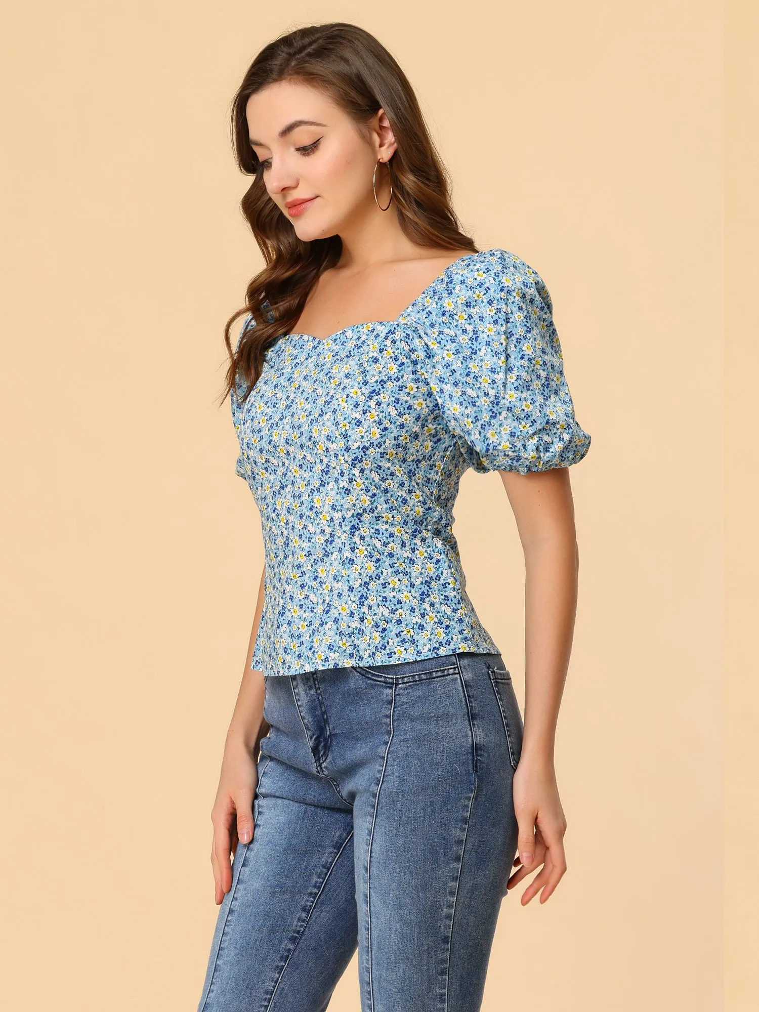 Puff Sleeve Square Neck Peasant Floral Blouse Top