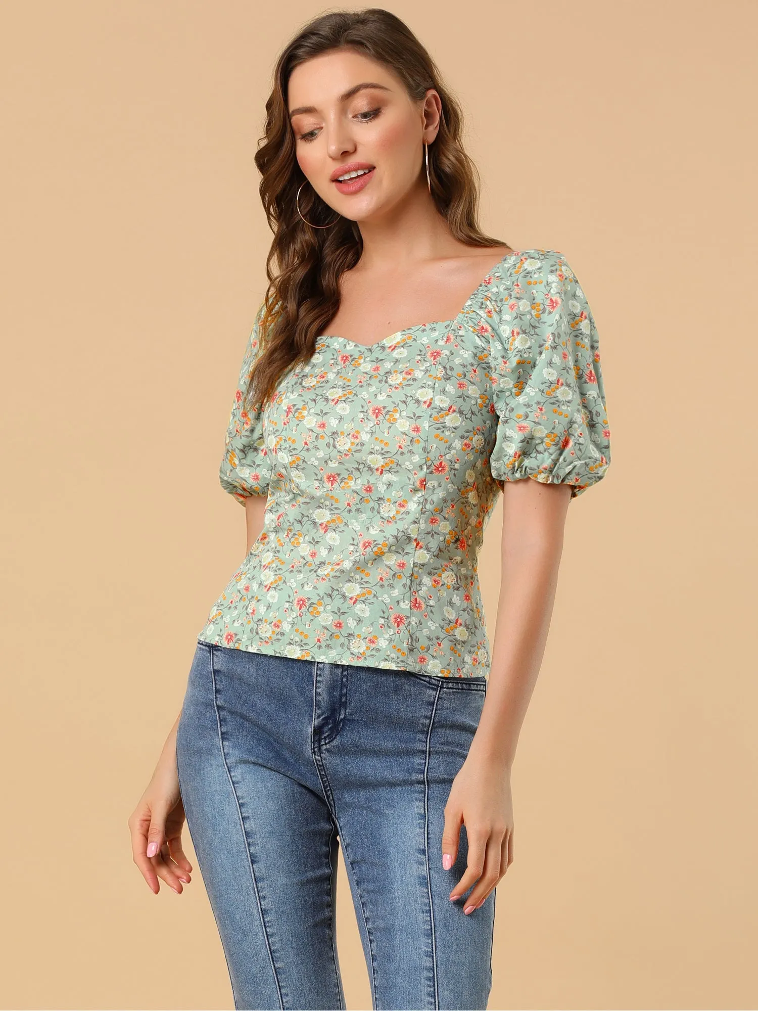 Puff Sleeve Square Neck Peasant Floral Blouse Top