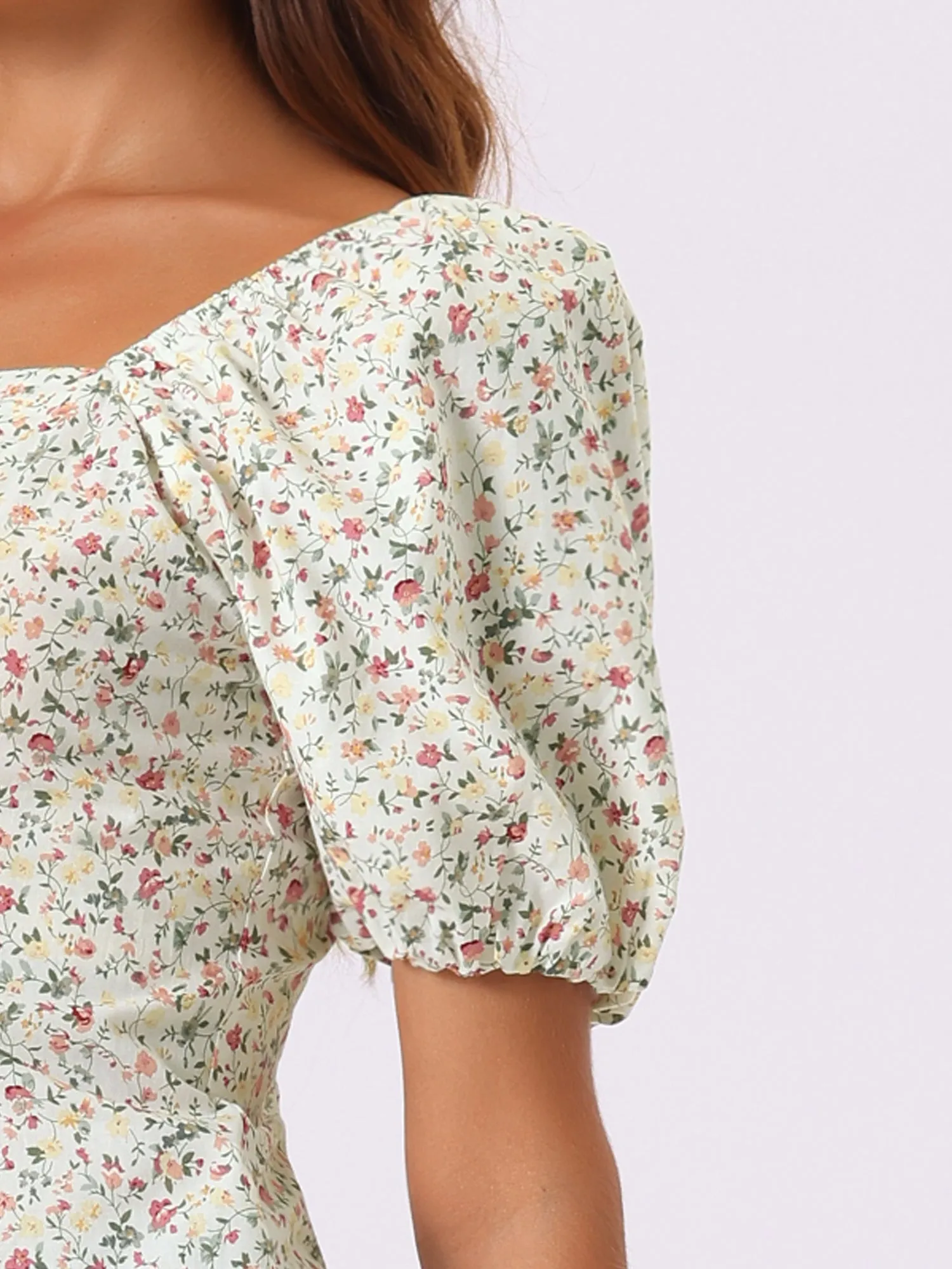 Puff Sleeve Square Neck Peasant Floral Blouse Top