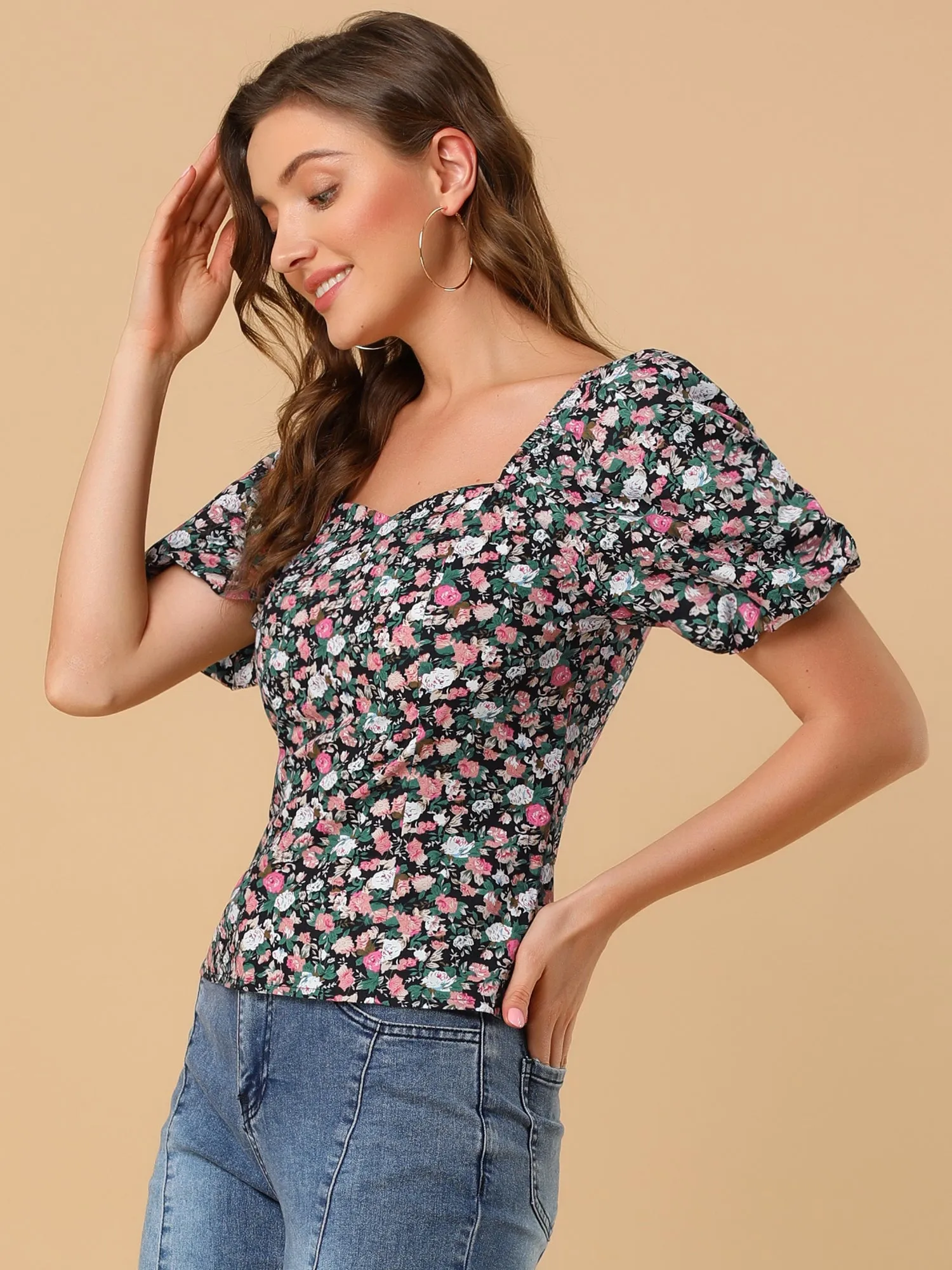 Puff Sleeve Square Neck Peasant Floral Blouse Top