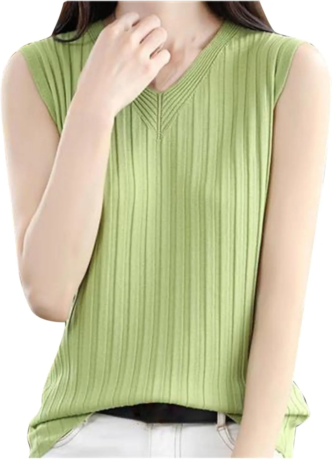 Ruziyoog Tank Top for Women Sleeveless Ribbed Knit V Neck Camisole Casual Loose Fit Summer Basic Sweater Vest