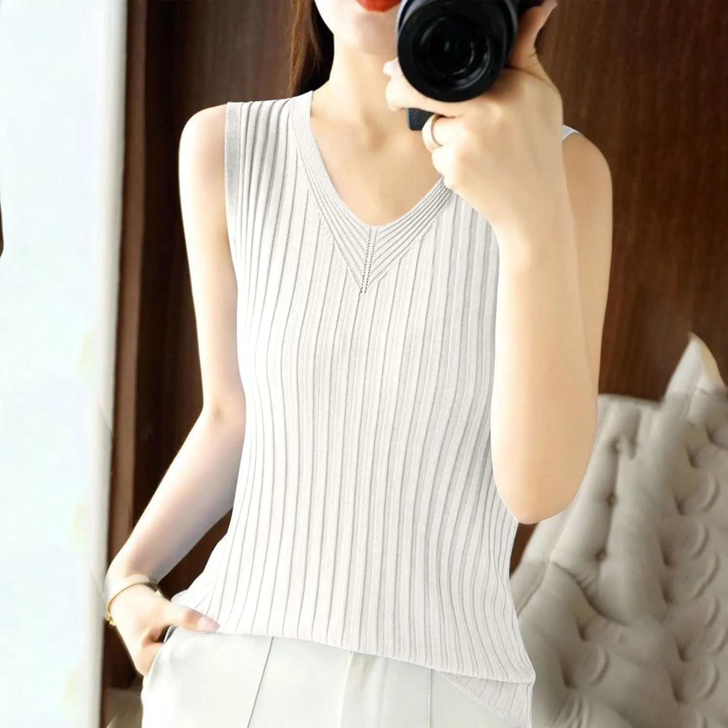 Ruziyoog Tank Top for Women Sleeveless Ribbed Knit V Neck Camisole Casual Loose Fit Summer Basic Sweater Vest