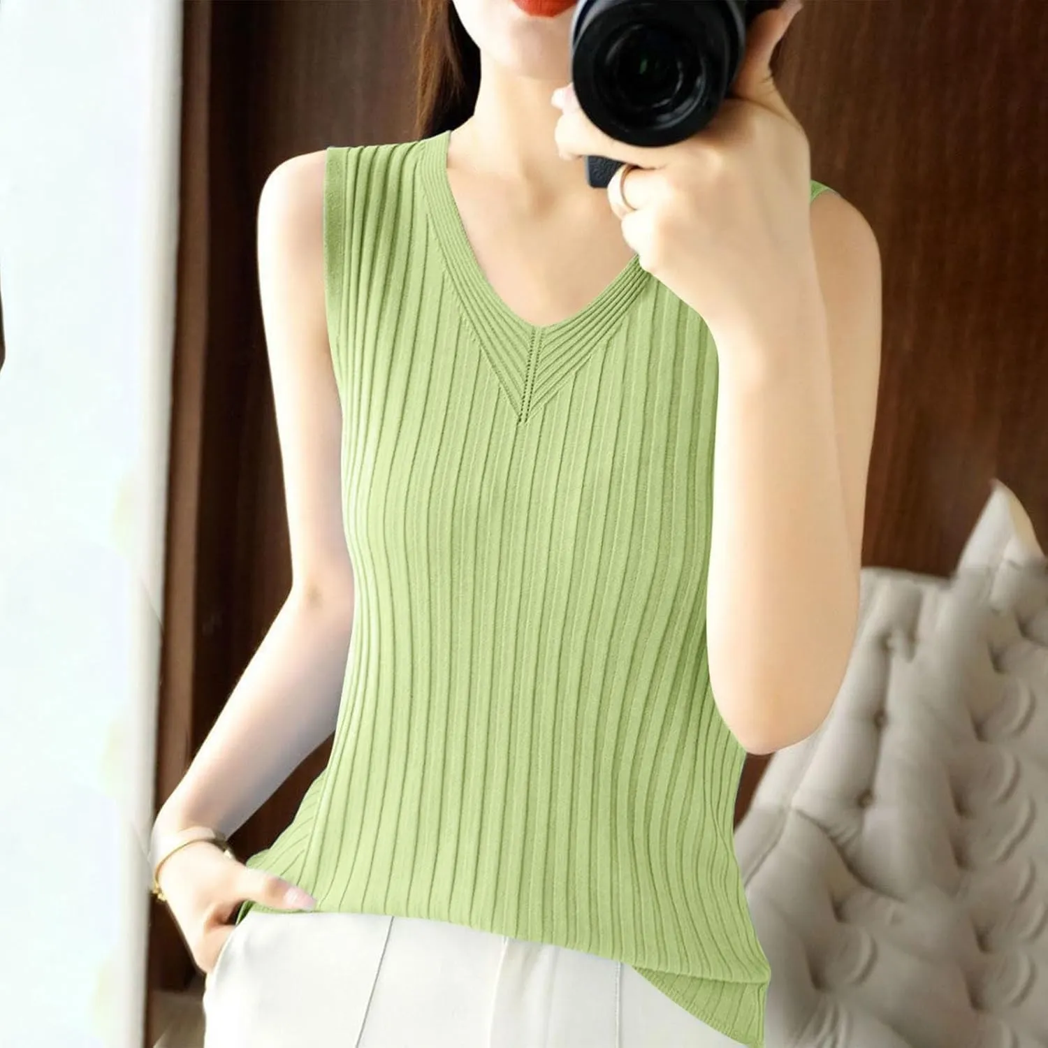 Ruziyoog Tank Top for Women Sleeveless Ribbed Knit V Neck Camisole Casual Loose Fit Summer Basic Sweater Vest
