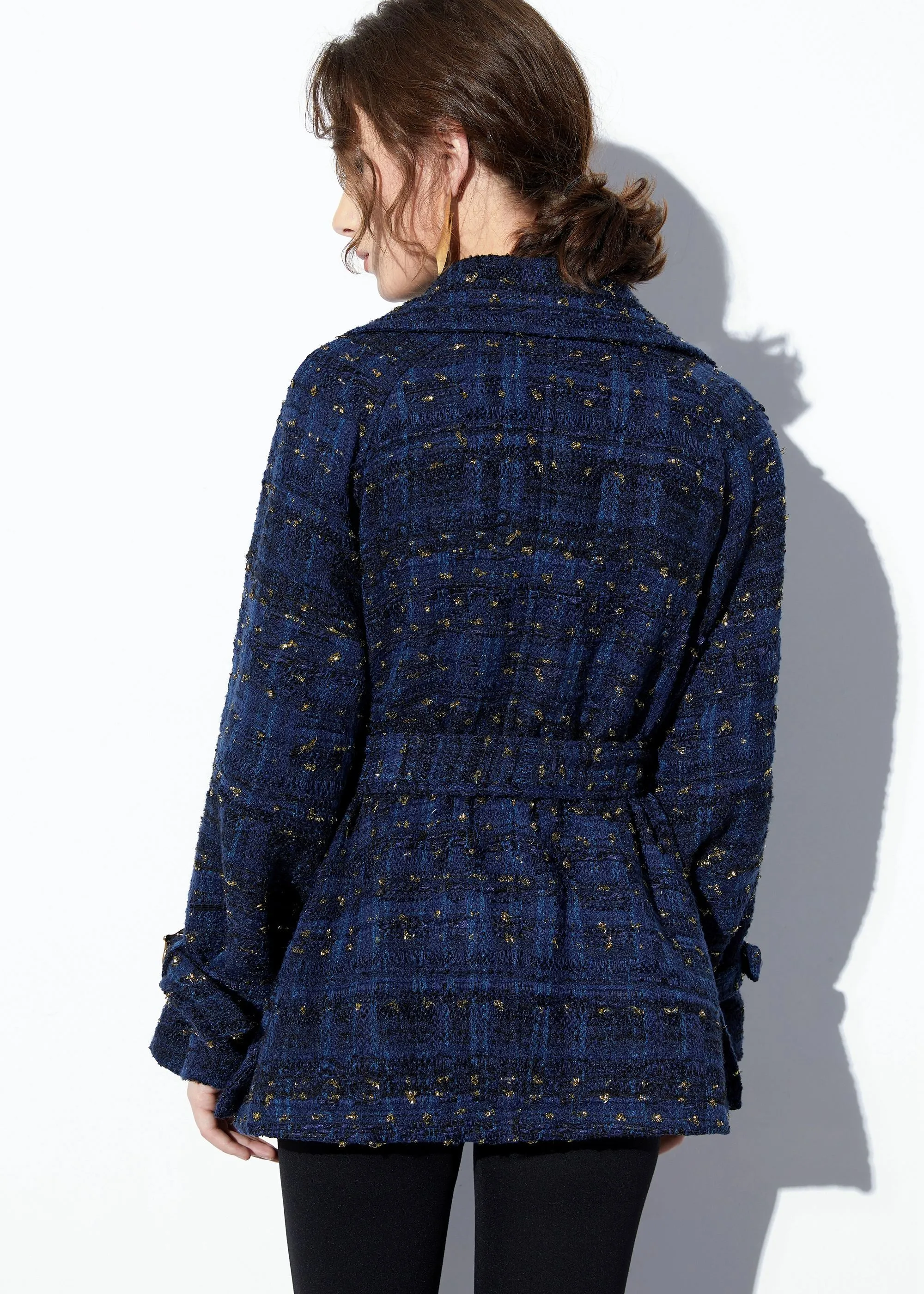 Sequin Double Breasted Blue Wool Blend Tweed Coat