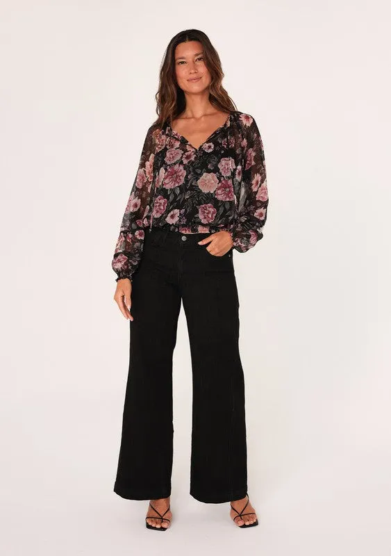 SHEER FLORAL SMOCKED WAIST BLOUSE